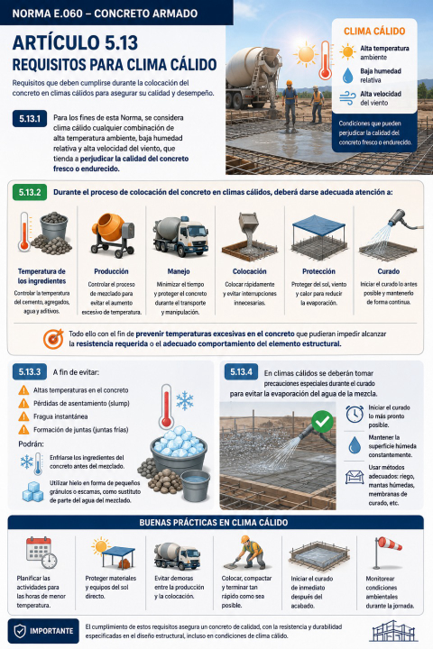 Requisitos para clima cálido: ¿qué establece el artículo 5.13 de la Norma E.060 sobre la colocación del concreto en climas cálidos?