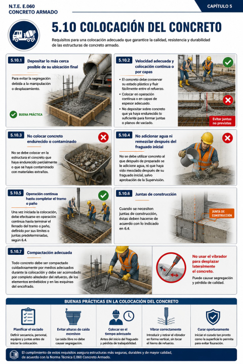 Colocación del concreto: ¿qué establece el artículo 5.10 de la Norma E.060 sobre la colocación del concreto?