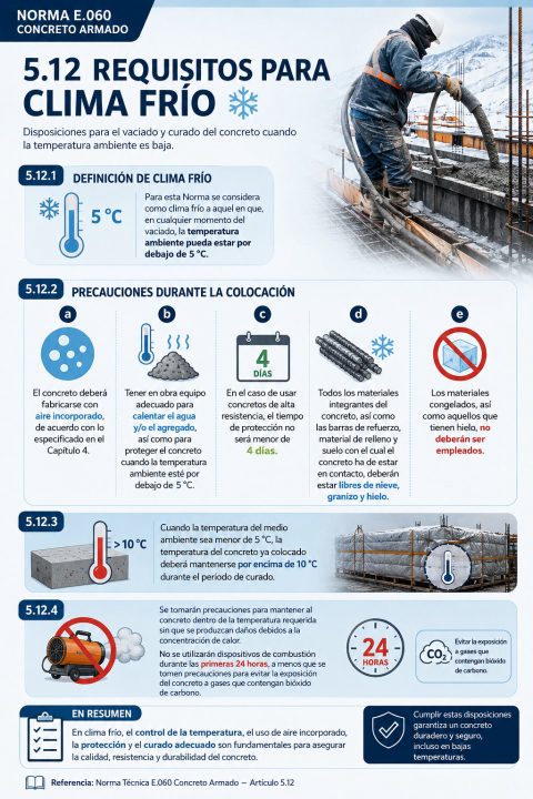 Requisitos para clima frío: ¿qué exige el artículo 5.12 de la Norma E.060 para el vaciado y curado del concreto en bajas temperaturas?
