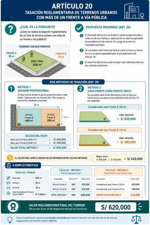 ¿Cómo se realiza la tasación reglamentaria de un lote de terreno urbano con más de un frente a vía pública?
