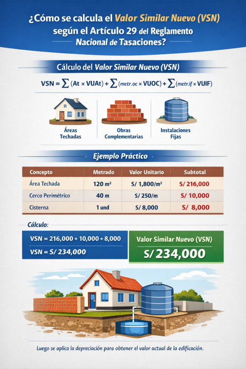 ¿Cómo se calcula el Valor Similar Nuevo (VSN) según el artículo 29 del Reglamento Nacional de Tasaciones?