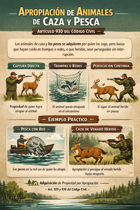 Apropiación de animales de caza y pesca: ¿cómo se adquiere la propiedad según el artículo 930 del Código Civil?