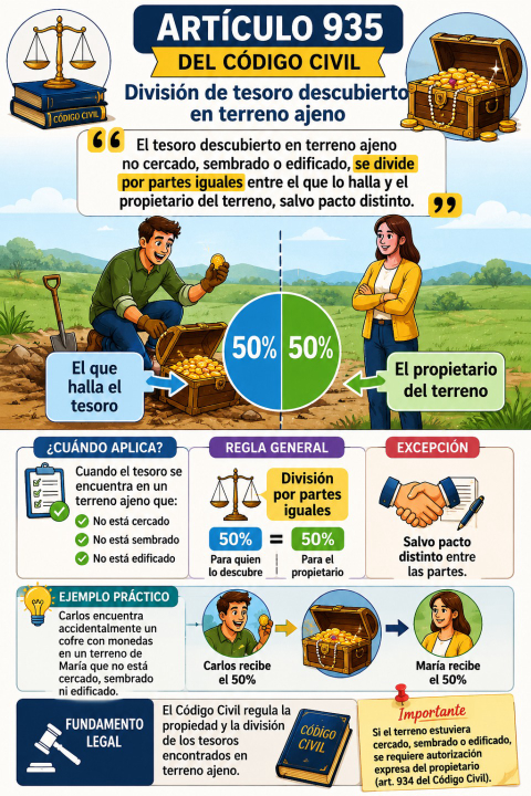Tesoro descubierto en terreno ajeno no cercado, sembrado o edificado: ¿cómo se divide el tesoro encontrado según el artículo 935 del Código Civil?