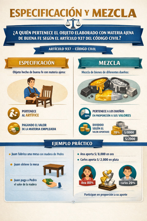Especificación y mezcla: ¿a quién pertenece el objeto elaborado con materia ajena de buena fe según el artículo 937 del Código Civil?