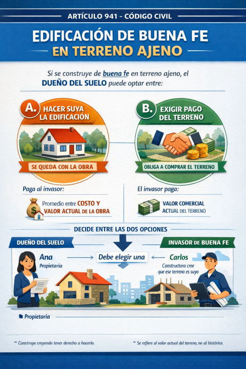 Edificación de buena fe en terreno ajeno: ¿qué derechos tienen el dueño del suelo y el invasor según el artículo 941 del Código Civil?