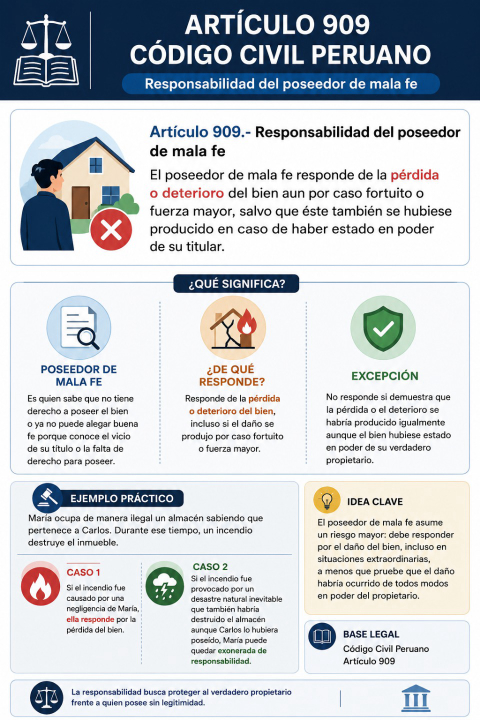 Responsabilidad del poseedor de mala fe: ¿qué establece el artículo 909 del Código Civil peruano?