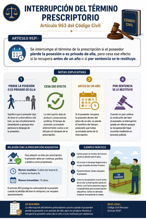 Interrupción del término prescriptorio: ¿cuándo se interrumpe la prescripción adquisitiva según el artículo 953 del Código Civil?