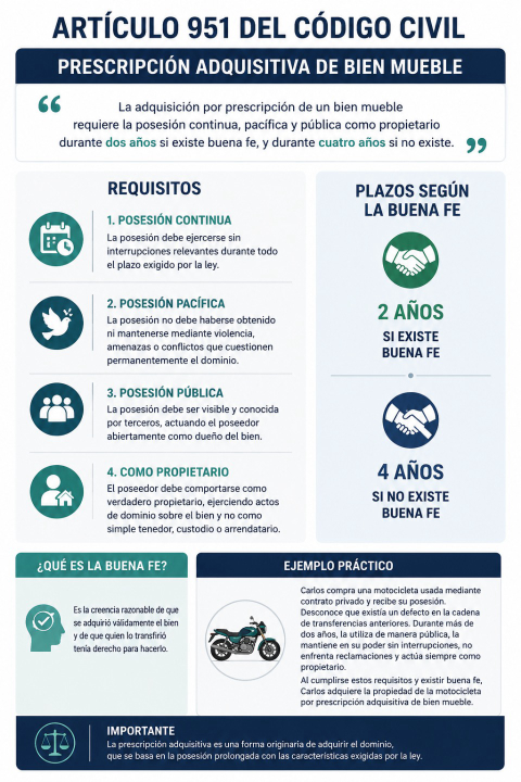 Prescripción adquisitiva de bien mueble: ¿cuáles son los requisitos para adquirir la propiedad por prescripción según el artículo 951 del Código Civil?