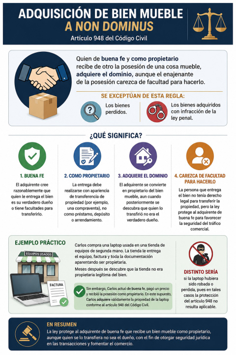 Adquisición de bien mueble de quien no es propietario: ¿cuándo se adquiere válidamente el dominio según el artículo 948 del Código Civil?
