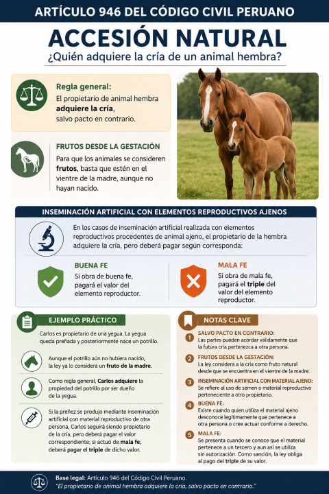 Accesión natural: ¿quién adquiere la cría de un animal hembra según el artículo 946 del Código Civil peruano?