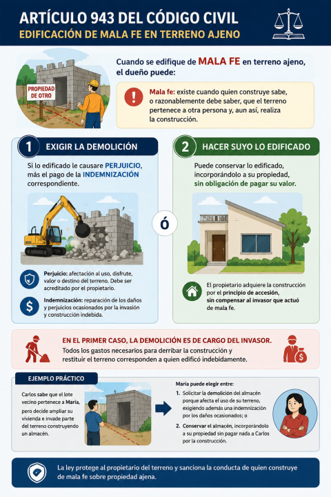 Invasión de terreno ajeno de mala fe: ¿qué derechos tiene el propietario según el artículo 943 del Código Civil?