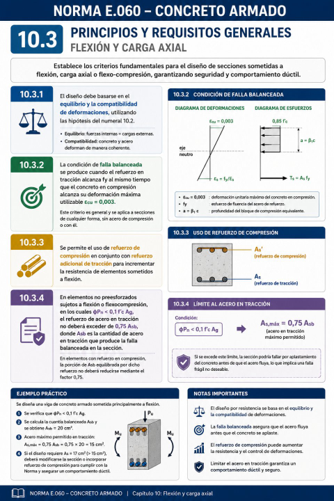 Principios y requisitos generales para flexión y carga axial: ¿cuáles son los criterios de diseño que establece el numeral 10.3 de la Norma E.060?